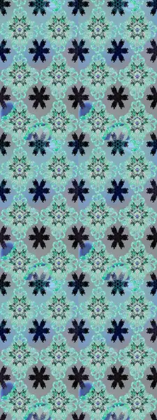 Raster illüstrasyonu. Çiçek desenli çizim. Mavi ve gri renkte çiçekler. Raster illüstrasyonu. Asya tekstil tarzında.