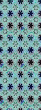 Raster illüstrasyonu. Çiçek desenli çizim. Mavi ve gri renkte çiçekler. Raster illüstrasyonu. Asya tekstil tarzında.