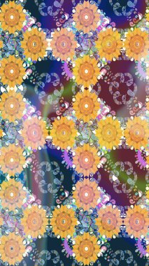 Çiçek süslemeli çizim deseni. Mavi renkli çiçekler. Raster illüstrasyonu.