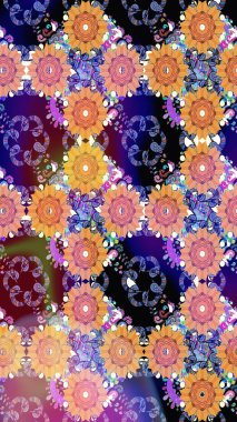 Mavi renkler ve parlak çiçekler üzerine soyut çizim deseni. Çiçeksel elementlerle süslenmiş zarif raster dokusu. Küçük çiçekte şirin bir çiçek deseni var..