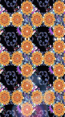 Raster illüstrasyonundaki çiçek desenli çizim. Siyah renkli çiçekler. Renkli Bahar Teması eskiz kalıbı. Düz Çiçek Elementleri Tasarımı.