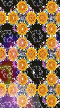 Klasik çiçekler. El çizimi, soyut ve süslü elementler. Yaz çiçekleri teması. Sarı renkler. Suluboya resim taklit Raster illüstrasyonu.