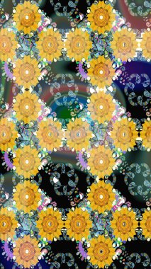 Çiçek süslemeli çizim deseni. Sarı renkli çiçekler. Raster illüstrasyonu.