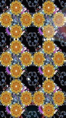 Renkli desenli eskiz deseni, siyah çiçekler ve dekoratif elementlerle. Eskiz geçmişi. Raster illüstrasyonu. Kumaş, tekstil, duvar kağıdı baskısı için. Antika retro tarzı.