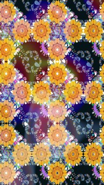 Raster düz çiçek çizim deseni. Hediye ambalaj kağıdı, tebrik kartları, posterler ve pankart tasarımı. Sarı renkte çiçekler.