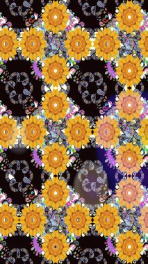 Çiçek desenli çizim. Raster illüstrasyonu. Asya tekstil tarzında. Sarı renkli çiçekler. Raster illüstrasyonu.