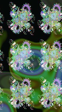 Raster illüstrasyonu. Çiçek desenli eskiz, darbeler, sıçramalar, yaz çiçekleri. Yeşil renkte çiçekler.