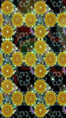 Çiçek desenli çizim. Raster illüstrasyonu. Sarı renkli Asya tekstili.