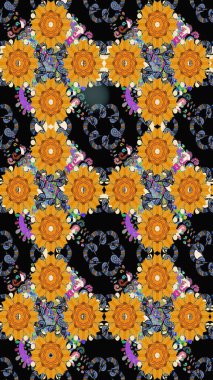 Siyah renkli siyah papatya deseni. Raster illüstrasyonu. Siyah renklerde.