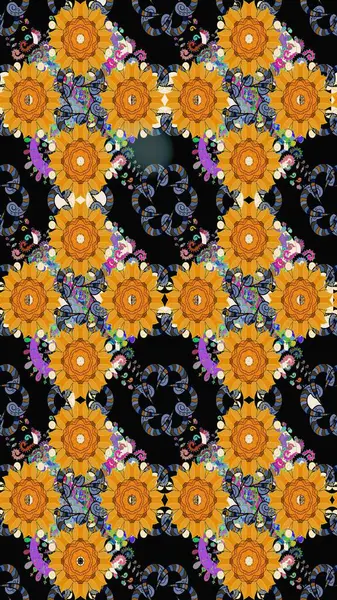 Siyah renkli siyah papatya deseni. Raster illüstrasyonu. Siyah renklerde.