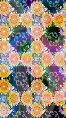 Desen, çizim, çiçek sınırı. Çiçek çelengi. Güzel, parlak, pürüzsüz kumaş, tuval. Kıvırcık, parlak örgü. Eski moda arka plan. Raster illüstrasyonu.