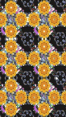 Çiçek desenli çizim. Raster illüstrasyonu. Asya tekstil tarzında. Gri renkli çiçekler. Renkli Bahar Teması eskiz kalıbı. Düz Çiçek Elementleri Tasarımı.