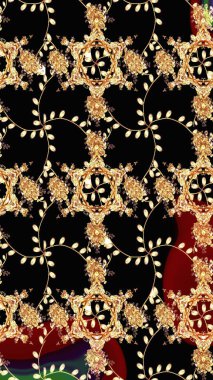 El çizimi çiçek çizimi deseni (fayans). Şirin çiçekli, desenli, siyah renkli renkli bir eskiz. Tekstil için suluboya çizim deseni.