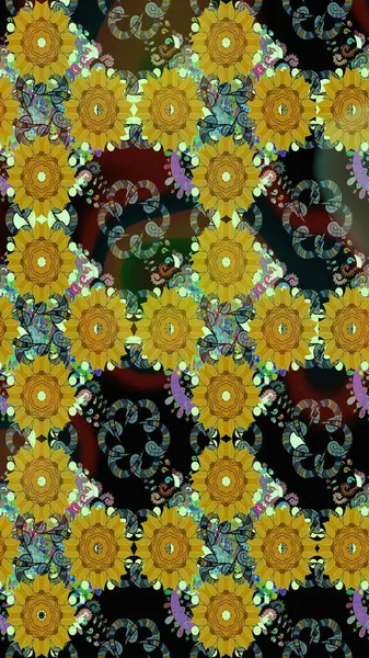 Çiçek desenli çizim. Raster illüstrasyonu. Sarı renkli Asya tekstili.