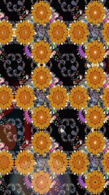 Yapraklı çiçekler ve papatya çiçekli siyah renkte papatyalar. Eskiz arkaplan modeli. Raster - stok.