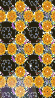 Çiçek desenli çizim. Raster illüstrasyonu. Asya tekstil tarzında. Sarı renkli çiçekler. Raster illüstrasyonu.