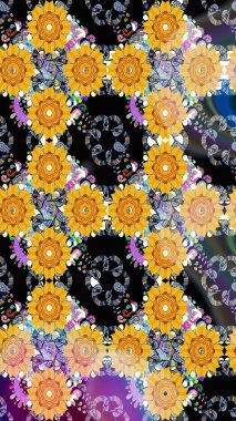 El çizimi çiçekli soyut çizim kalıbı. Raster illüstrasyonu. Sarı renkte çiçekler.