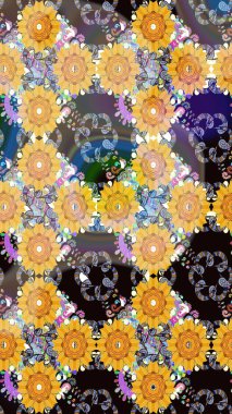 Üzerinde gelincikler ve vadi zambakları olan renkli çiçek desenli nakış deseni. Tekstil tasarımı için sarı renkli geleneksel halk çiçekleri buketi.