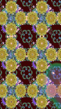 Çiçek duvar kağıdı. Renkli süs kenarı. Hint süsü. Çizim kalıbı. Raster illüstrasyonu. Kahverengi renklerde.