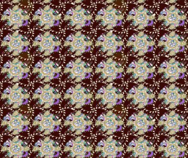 Suluboya çiçekli çiçek deseni. Raster illüstrasyonu. Kahverengi renkli Asyalı tekstil.