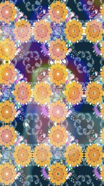 Mavi renkte etnik çiçeklerle süslenmiş zarif bir eskiz. Raster Çiçek İllüstrasyon Şirin Tekstil.