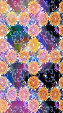 Üzerinde gelincikler ve vadi zambakları olan renkli çiçek desenli nakış deseni. Tekstil tasarımı için bej renkli Raster geleneksel çiçek buketi.