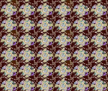 Suluboya çiçekli çiçek deseni. Raster illüstrasyonu. Kahverengi renkli Asyalı tekstil.