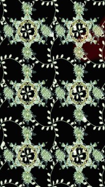 Yapraklı çiçekler ve papatya çiçekli siyah renkte papatyalar. Eskiz arkaplan modeli. Raster - stok.