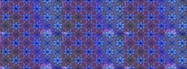 Renkli Yaz Temalı Kusursuz Arkaplan. Mor ve mavi renkte çiçekler. Düz Çiçek Elementleri Tasarımı. Raster illüstrasyonunda trendsiz çiçek deseni.