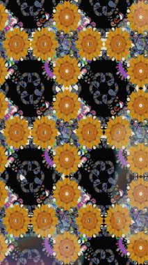 Siyah çiçekli eskiz deseni, suluboya çiçek deseni, sevimli çiçek, duvar kağıdı, kart ya da kumaş için fayanslı. Raster - stok.