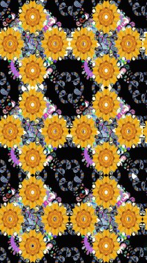 Çiçek desenli çizim. Raster illüstrasyonu. Asya tekstil tarzında. Sarı renkli çiçekler. Renkli Bahar Teması eskiz kalıbı. Düz Çiçek Elementleri Tasarımı.