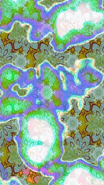 Çiçek desenli çizim. Asya tekstil tarzında. Yeşil renkli çiçekler. Raster illüstrasyonu. Raster illüstrasyonu.