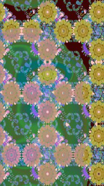 Raster illüstrasyonundaki çiçek desenli çizim. Yeşil renkli çiçekler. Renkli Yaz Temalı eskiz kalıbı. Düz Çiçek Elementleri Tasarımı.