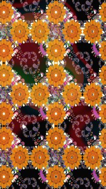 Çiçek desenli eskiz, yaz çiçekleri. Turuncu renkli çiçekler. Renkli Bahar Teması eskiz kalıbı. Düz Çiçek Elementleri Tasarımı.