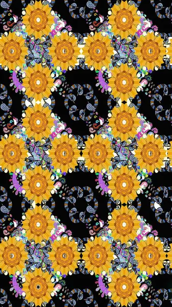 Çiçek desenli çizim. Raster illüstrasyonu. Asya tekstil tarzında. Sarı renkli çiçekler. Renkli Bahar Teması eskiz kalıbı. Düz Çiçek Elementleri Tasarımı.