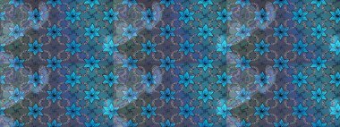 Raster - stok. Eskiz arkaplan modeli. Yapraklı çiçekler ve mavi ve gri renkli papatya çiçekleri..