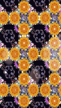 Çok renkli, zarif küçük çiçekler ve siyah renkli komik böcekler, raster desen, illüstrasyon..