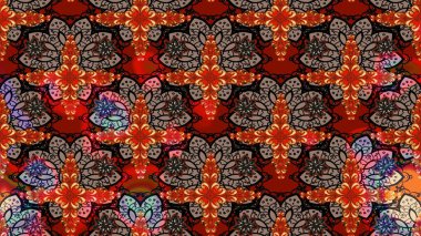 Renkli desenli eskiz deseni, kırmızı çiçekler ve dekoratif elementlerle. Eskiz geçmişi. Raster illüstrasyonu. Kumaş, tekstil, duvar kağıdı baskısı için. Antika retro tarzı.