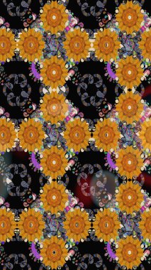 Çiçekler. Soyut etnik raster çizim kalıbı. Vadinin çiçekleri siyah renklerde.