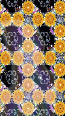 Üzerinde gelincikler ve vadi zambakları olan renkli çiçek desenli nakış deseni. Tekstil tasarımı için sarı renkli geleneksel halk çiçekleri buketi.