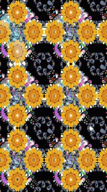 Oldukça eski bir besin torbası deseni, küçük sarı renkte, çiçekler. Millefleur 'lar. Tekstil, kumaş, kapaklar, duvar kağıtları, baskı, paket, koleksiyon defteri, örgü, dekupaj için çiçek arkaplanı..