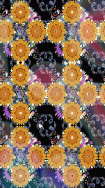 Çiçek desenli çizim. Raster illüstrasyonu. Sarı renkli Asya tekstili.