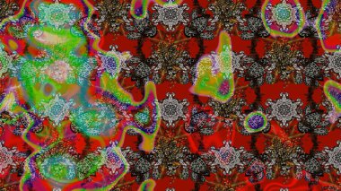 Çiçeksel çizim kalıbının yansıması. Vadinin çiçekleri kırmızı renklerde.