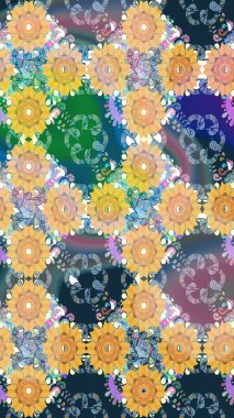 Patlayan çiçekler soyut olarak yerleştirilmiş. Raster deseni. Yumuşak, mavi renkte bahar çiçekleri. Raster illüstrasyonu.