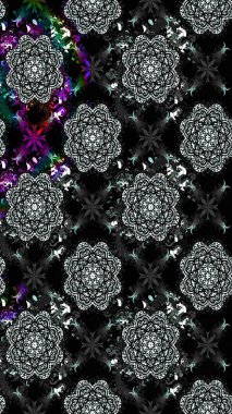 Varicoloblack Raster çizimi. Bir sürü siyah ve soyut çiçekli tropik eskiz deseni. Küçük çiçekte sevimli çiçek deseni var..