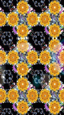 Sarı renklere karalamalar çizilmiş çiçek deseni. Raster illüstrasyonu.