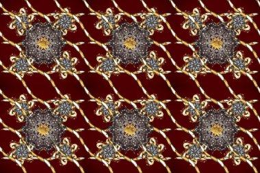 Altın antika ortaçağ dekoratifi, yapraklar ve kahverengi, gri ve kırmızı renklerde altın desenli desenler. Kusursuz kraliyet lüksü, altın barok kumaş rengi..