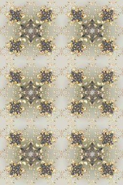 Raster altın çiçek süsü brokar kumaş ve cam desenli. Kusursuz altın desen. Çiçek desenli altın metal. Altın elementli gri, nötr ve bej renkler.