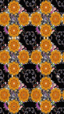 Desen, çizim, çiçek sınırı. Çiçek çelengi. Güzel, parlak, pürüzsüz kumaş, tuval. Kıvırcık, parlak örgü. Eski moda arka plan. Raster illüstrasyonu.