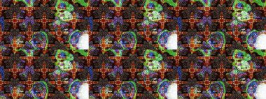 Eskiz arkaplan modeli. Yapraklı çiçekler ve kahverengi renkli papatya çiçekleri. Raster - stok.